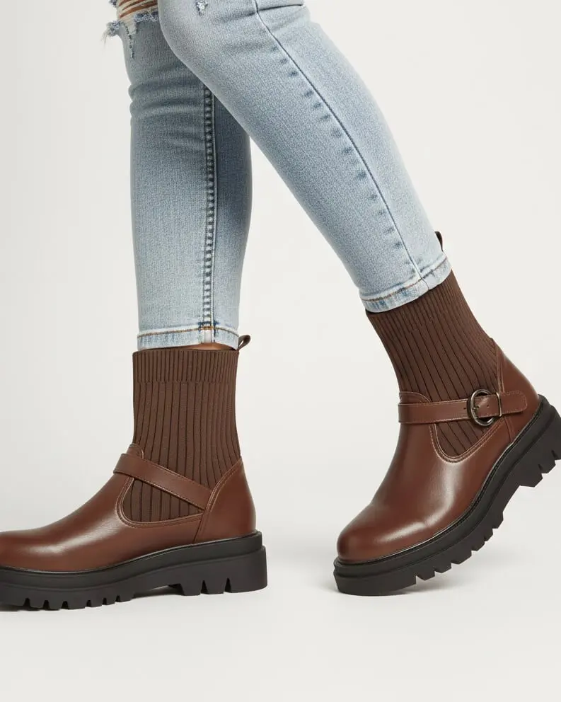 Women's Chunky Chelsea Ankle Booties - Chocolate Brown Comfortable PU Faux Leather, Slip On, Round Toe, Buckle Detail, Chunky Sole, Any Occasion Footwear