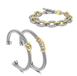 Mytys Cuff Bracelet for Women Two Tone Knot Twisted Bangle Chain Jewelry 3Pcs