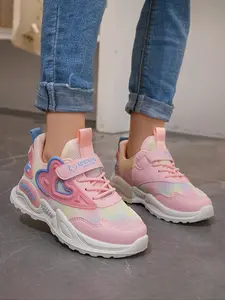 2 Pairs Macaron Sweet Style Girls' Casual Training Shoes, Breathable Mesh, Magic Tape, Heart Design, Anti-Slip, Ages 3-12, School & Outdoor Play