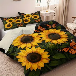 Sunflower Print Bedding Set, Including Duvet Cover & Pillowcase, Soft Comfortable Bedding Set for Bedroom, Bedding Supplies