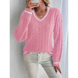 Women's Knitted Sweater for Fall and Winter, Trendy V-Neck Design with Pattern, Casual Pullover Knit Top for Ladies