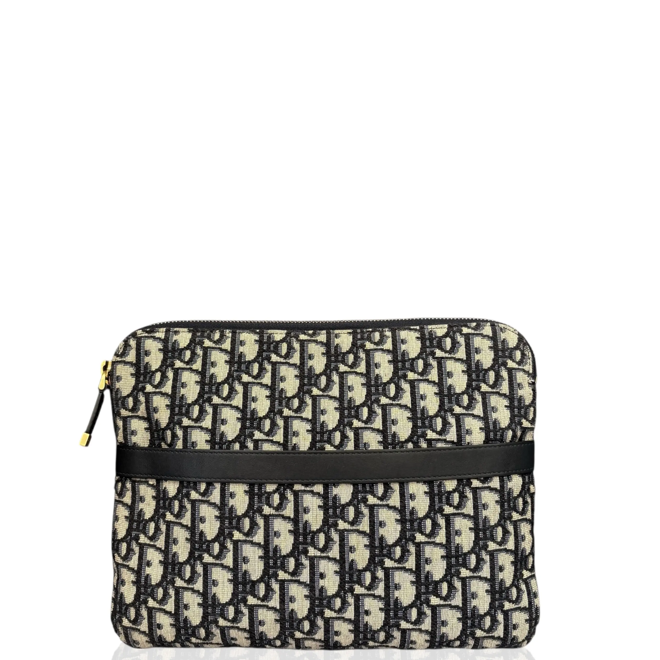 Pre-owned Dior Leather clutches & wristlets Clutch Oblique Beige Navy (gn051026a9)