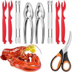 4-Person Seafood Tools Set includes 2 Crab Crackers, 4 Lobster Shellers, 4 Crab Leg Forks/Picks and 1 Seafood Scissors - Nut Cracker Set Kitchen Plastic