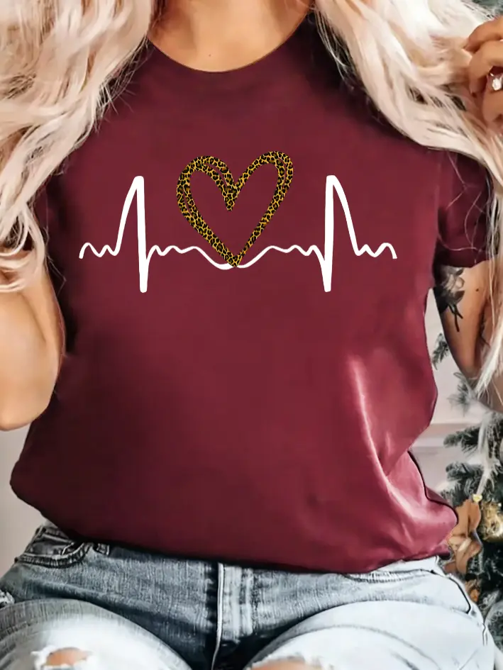 Wo Heart  Heartbeat Print Round Neck Tee, Casual Short Sleeve Aesthetic T-Shirt Summer, Ladies Clothes Daily Wear Top Woswear Love Crewneck