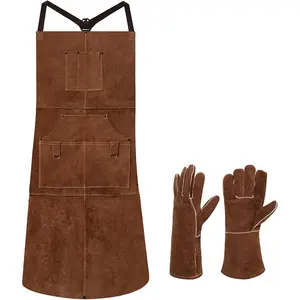 Heavy Duty Leather Welding Apron Genuine Cowhide Flame & Heat Resistant Adjustable 42Lx24W with 6 Tool Pockets and Gloves for Mechanic, BBQ, Woodworking, Gardening, Men & Women Gift, Brown tiktokshopspringglowup