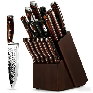 15-Piece Kitchen Knife Set with Wooden Self-Sharpening Block – High Carbon Japanese Stainless Steel Hammered Chef and Steak Knives Holiday Gift