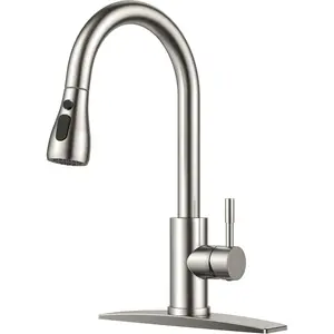 Kitchen Faucets with Pull Down Sprayer, Brushed Nickel High Arc Single Handle Stainless Steel Sink Faucet with Deck Plate for 1 or 3 Hole, Suitable for Farmhouse RV Bar Camper Laundry