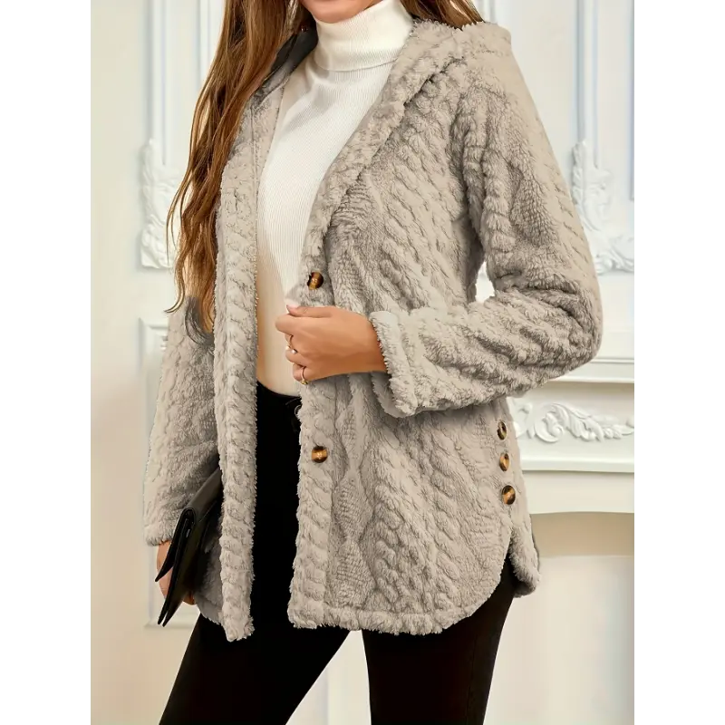 Plus Size Solid Plush Button Front Coats, Elegant Long Sleeve Hooded Coats For Winter & Fall, Women's Plus Size Clothing