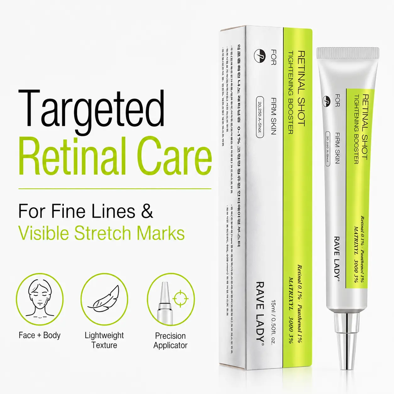 Retinal Shot Tightening Booster, 0.1% Retinal Serum with 1% Panthenol & 3% Matrixyl 3000, Targeted Face & Body Care for Fine Lines and Visible Stretch Marks, 15 mL