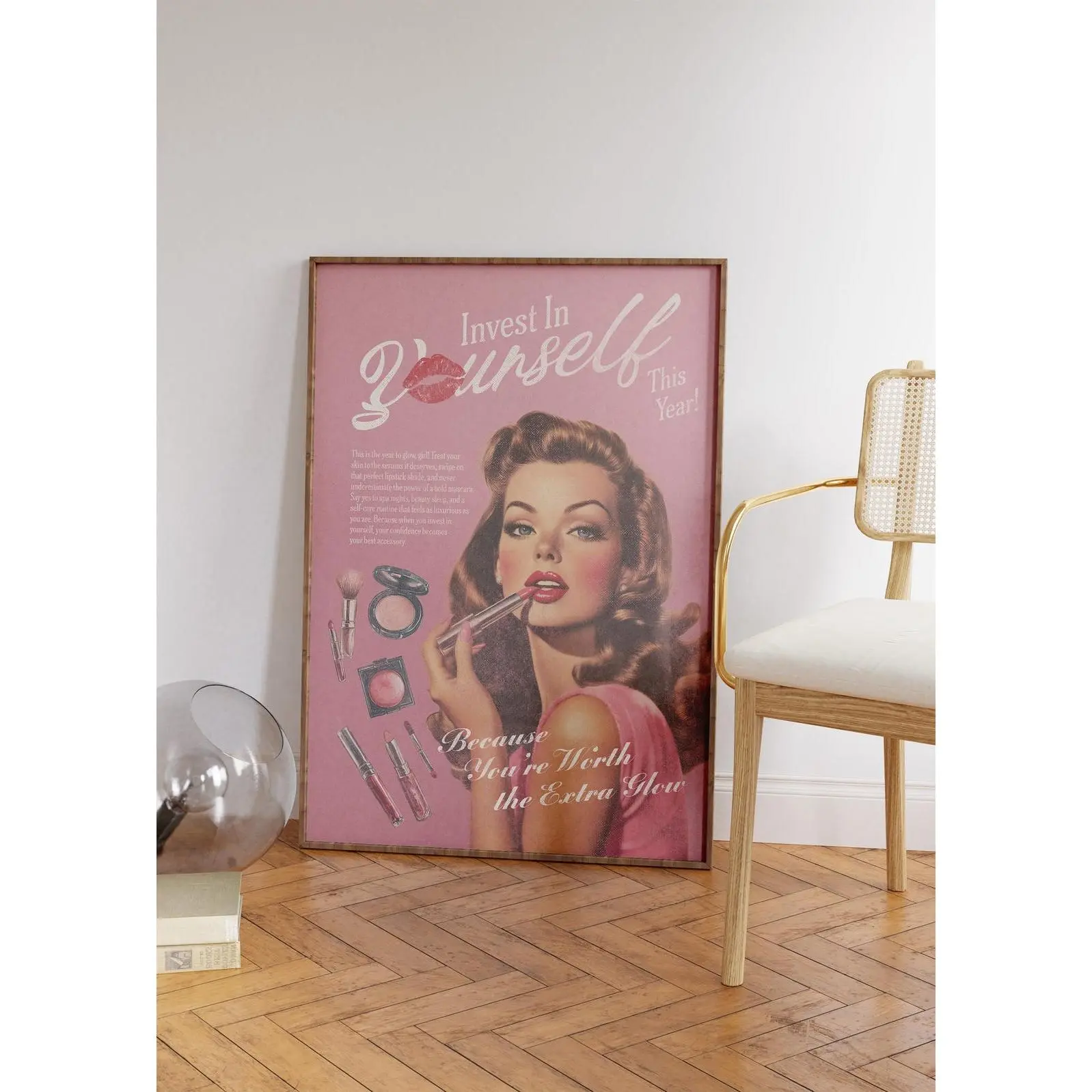 Invest in Yourself - Retro Feminist Wall Art - Girly New Yorker Print - Trendy Preppy Apartment Decor - Feminine Pink Room Decor