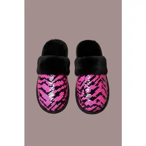 Zebra Faux Fur Sequin Slippers