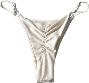Women's High Cut Thong Bikini Bottom Ruched Low Rise Adjustable Sexy Swimsuit Bottom