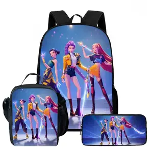 Anime Girl Group 3-Piece Backpack Kit: Backpack, Lunch Bag, Pencil Case. Multiple anime art prints, black base. Padded straps, side mesh pockets, multi-space storage. Light waterproof oxford cloth, streetwear design for teens