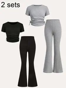 Girls' Casual Fashion Clothes Set 8-12 Years, Drawstring Short Sleeve T-Shirt & Bell Bottom Pants, Sweet Cool Style, All Seasons, High Value, Summer Outfits Set