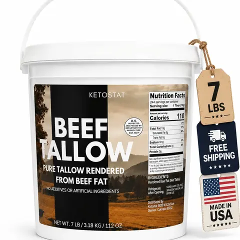 Pure American Beef Tallow for cooking  - 7 lb Solid Bucket, No Additives, Keto-Friendly, Natural beef tallow for skin or cookware-Rendered beef fat