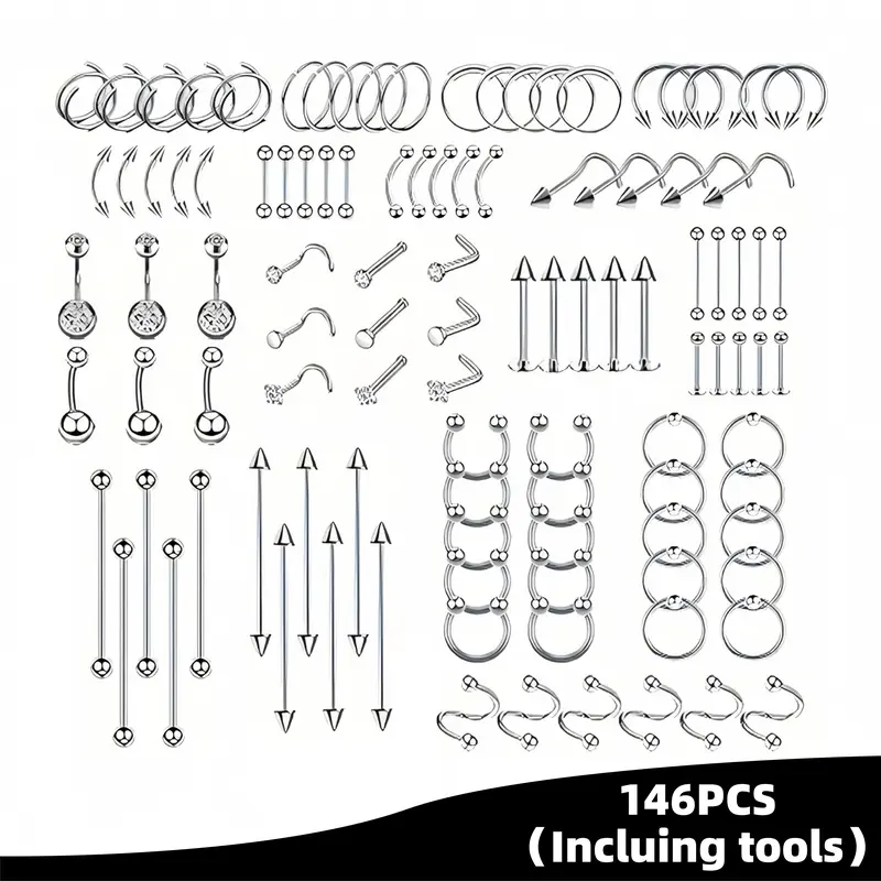 Various styles 146PCS Body Jewelry  Dazzling body ecorations Set Tools included,stainless steel materials、 NoseRingNipple Ring.Tongue Ring、 Lip Ring.Eyebrow Ring14G16G 18G 20G