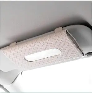 Car Tissue Holder, Leather Hanging Paper Towel Clip with Tissue Refill, Rectangle Napkin Holder , Interior Car Accessories for Tissue Storage ( Beige, Grid)