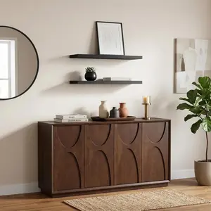 Homy Casa Modern Walnut Sideboard Buffet Cabinet Set with Black Floating Shelves, 4 Door Accent Storage Cabinet for Dining Room, Living Room & Coffee Bar