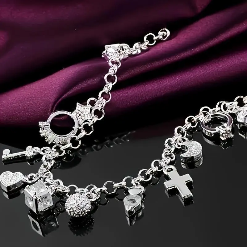 925 Sterling Silver Bohemian Charm Bracelet for Women | 13 Unique Pendants Including Heart, Key, Cross & Moon - Shiny Fashion Jewelry, Perfect Gift for Wife, Girlfriend, Anniversaries & Special Occasions, Charms For Bracelet, Boho Charms