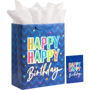 13" Large Happy Birthday  Bag with Card and Tissue Paper (Blue Happy Happy Birthday)