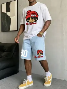 Men's "Baiae New York" Cartoon Character Graphic T-Shirt & Denim Shorts 2-Piece Set, Streetwear Style, Soft Cotton Blend, Casual Loose Fit, Ideal for Urban Fashion Enthusiasts, Daily Wear, Weekend Hangouts & Trendy Casual Outfits