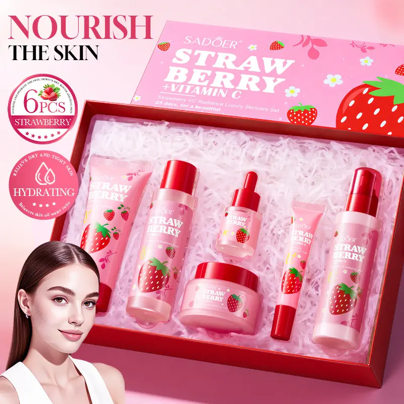 6-Piece Strawberry Vitamin C Glow Skincare Set, Gentle Brightening & Daily Facial Care Kit