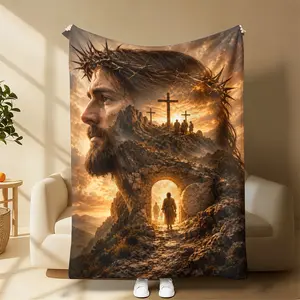 Soft Cozy Flannel Throw Blanket Jesus Crown of Thorns Cross Empty Tomb Religious Christian Plush Warm Lap Blanket, Faith Spiritual Sunset Mountain Home Sofa Bedroom Decor, Perfect Easter Holiday Gift For Believers Family Men Women