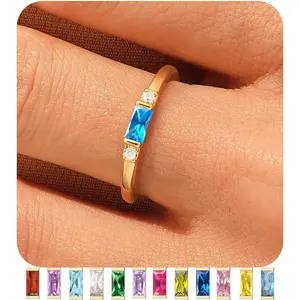 Gold Birthstone Rings for Women 14K Gold Plated Non Tarnish Stackable Rings Dainty Emerald Green Gemstone Cubic Zirconia Engagement Wedding Ring for Birthday Jewelry Gifts Size 6-10