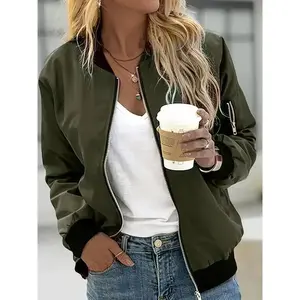 Women's Casual Zip-Up Jacket with Pockets - Chic Olive Green Bomber Style, Polyester & Spandex Blend, Machine Washable, All-Season Comfort, Stylish Layering Piece|Bomber Jacket|Sleek Olive Green, Jacket Zip Up(Sheet)