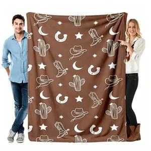 Western Theme Cowboy Print Flannel Throw Blanket - 1pc, 50"x60", Wrinkle Resistant, Soft, Comfortable, Multi-Size, Travel-Ready, Suitable for Sofa Bed Decoration & Gifting, Throw Blankets