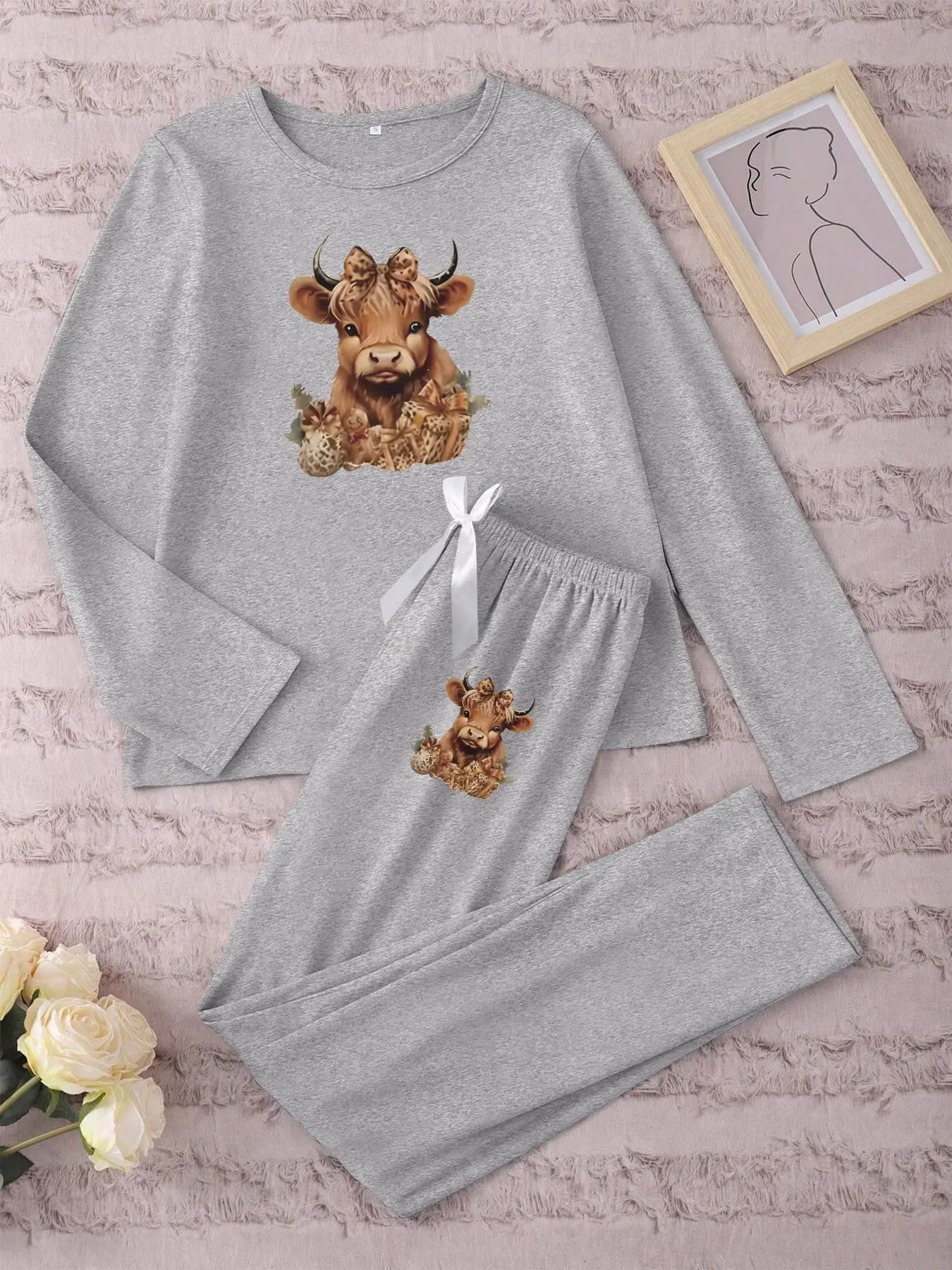 Women's Long Sleeve Pajama Set, Cartoon Cow Print Sleepwear, Comfortable Nightwear for Women, Casual Home Loungewear