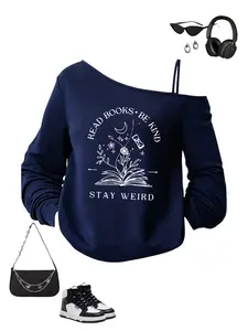 Women's Graphic Print Long Sleeve T-Shirt, Read Books Be Kind Stay Weird Design, Asymmetrical Neckline, Casual Comfort Fit, Tee