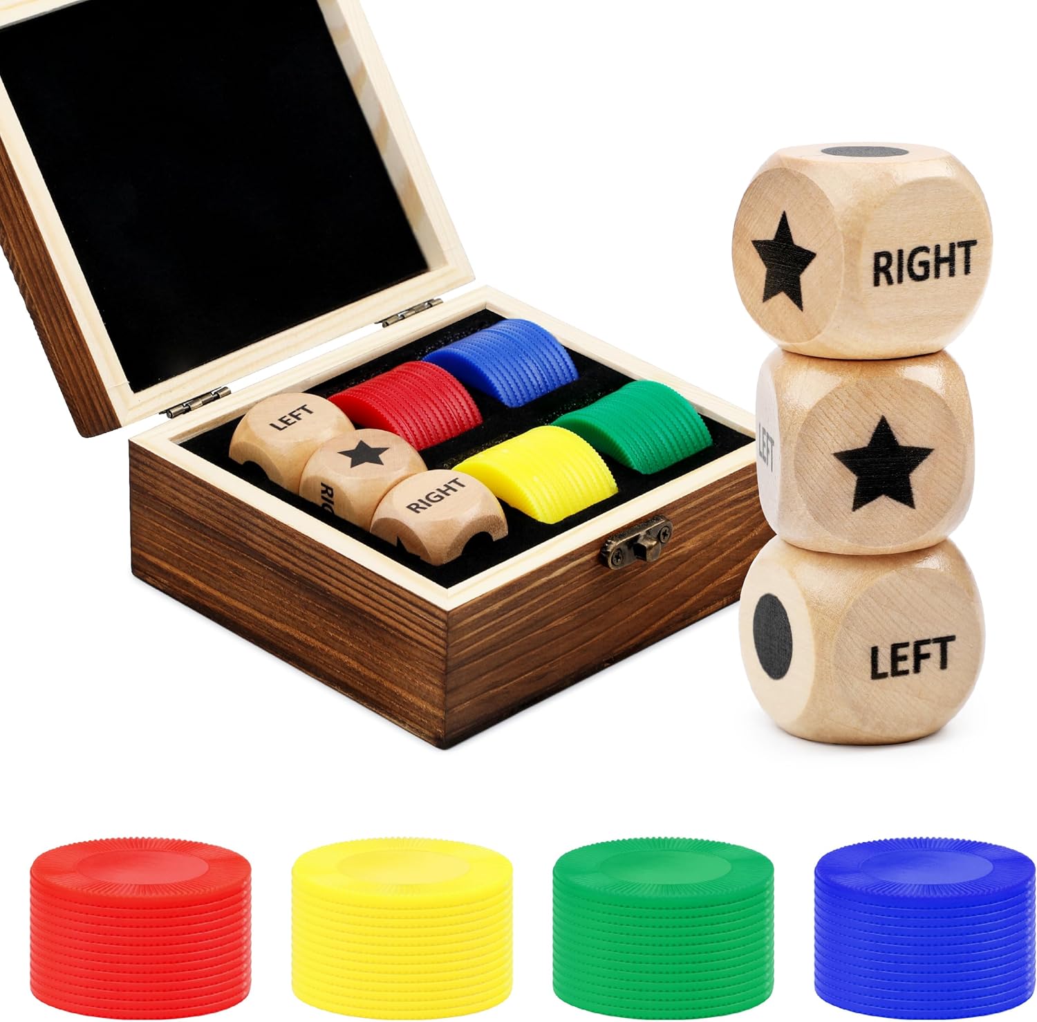Fun Left Right Roll Dice Game Set, Include 3 1-inch Wooden Dices 48 Pcs Chips in Wooden Box, Easy to Store and Carry Around for Travel(Wood)