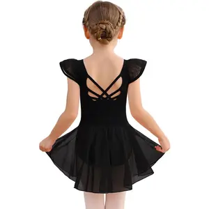 Girls Dance Ballet Leotards Dresses for Toddler Ballerina Outfit Skirt Hollow Knot Back Flutter Sleeve