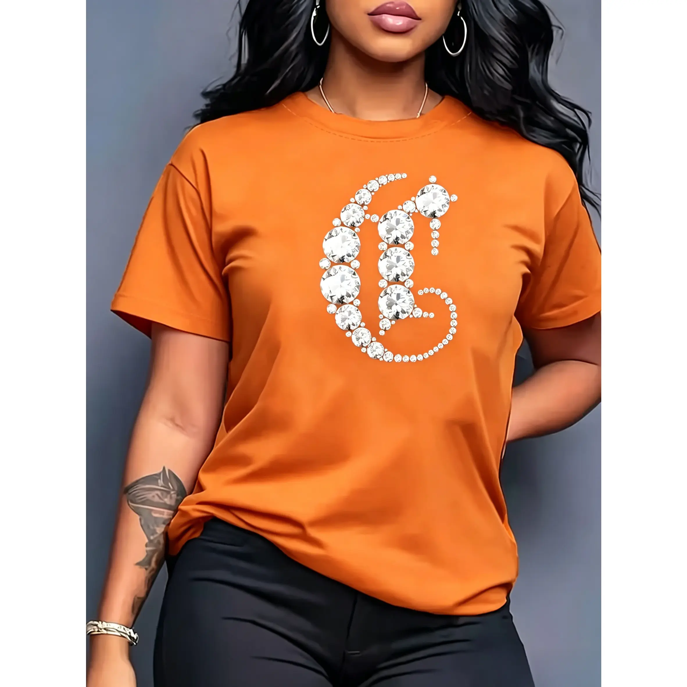 Women's Short-Sleeve Cotton T-Shirt - Lady's Glam Rhinestone Letter C Printed Top, Oversized/Fit Casual Streetwear, Luxury-Inspired Sparkle Bling Initial Fabric Tee, Shortsleeve, Tshirt, Boat Neck, Letters, Smooth, Basic, Casual Ootd, Graphic, Wardrobe St