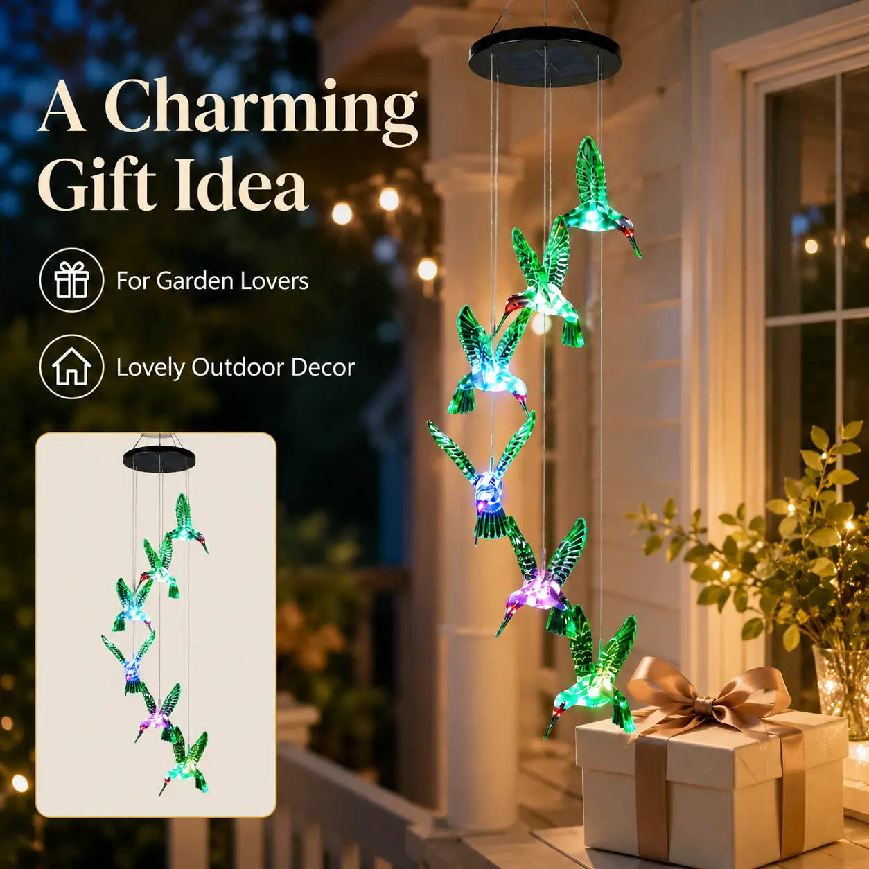 Outdoor LED Solar Lighting Wind Chimes, IP44 Waterproof Color Changing Hummingbird & Butterfly LED Decorative Lights, Solar Powered Twinkle Hanging Lights, Perfect Decoration for Garden, Balcony, Patio, Window, Party & Backyard Home Decor