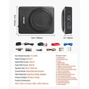 VEVOR 10 300W Underseat Car Subwoofer, Slim Powered Car Subwoofers Under the Seat, Low Profile Audio Sub Built-in Amplifier, High/Low Level Input Volume Controller for SUVs, Car, Truck, RV
