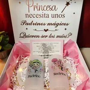 Los Padrinos Mágicos Godparents Proposal Set of Two 16oz Glasses in Elegant Gift Box Adorable Characters Drinkware for Special Occasions