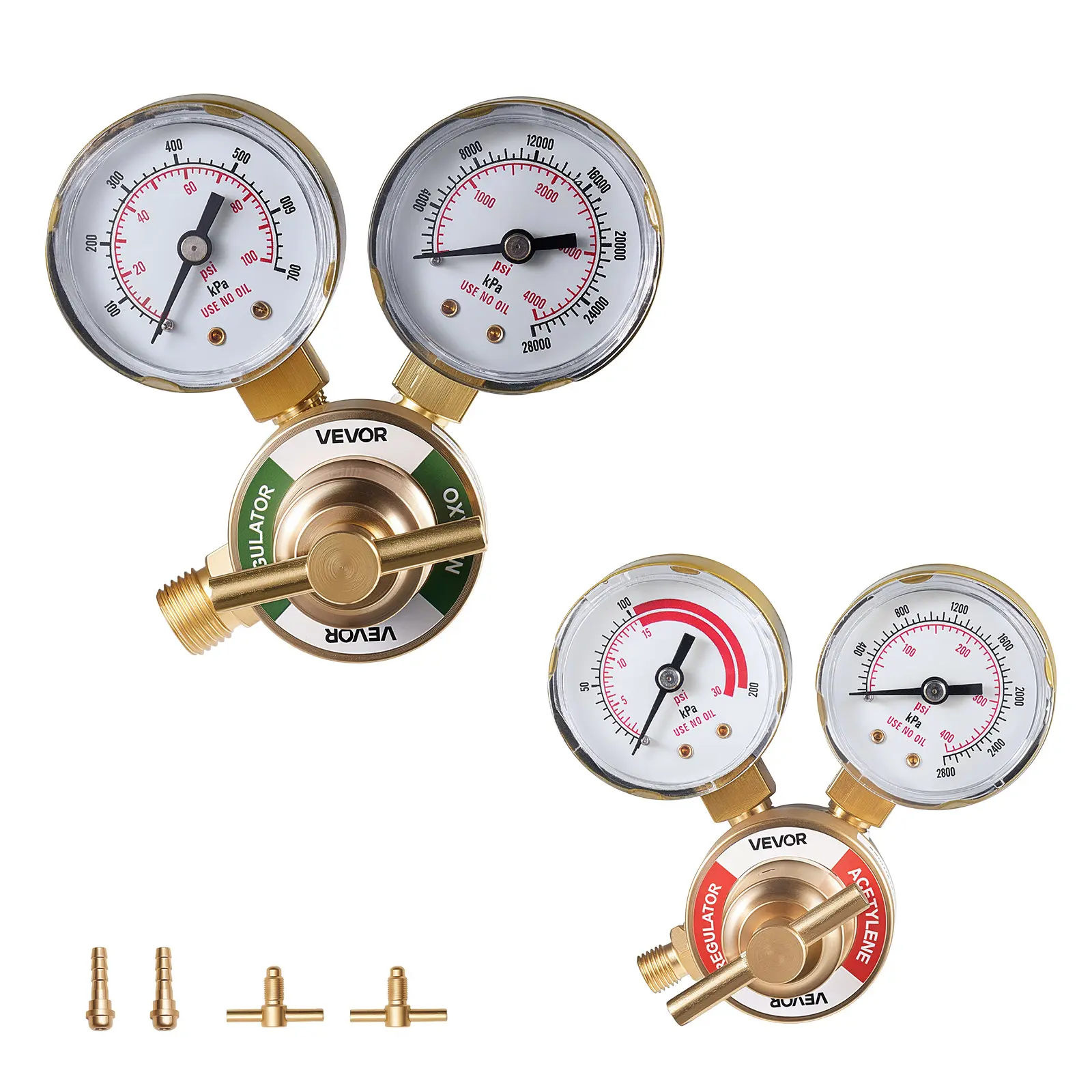 VEVOR Oxygen Acetylene Regulator Set, Oxy-Acetylene Regulators, 0-4000PSI and 0-400PSI Welding Gas Gauges with CGA-540/CGA-200 Inlet Connection & 3/8"-24 Outlet Connection, T-Handle Adjustment