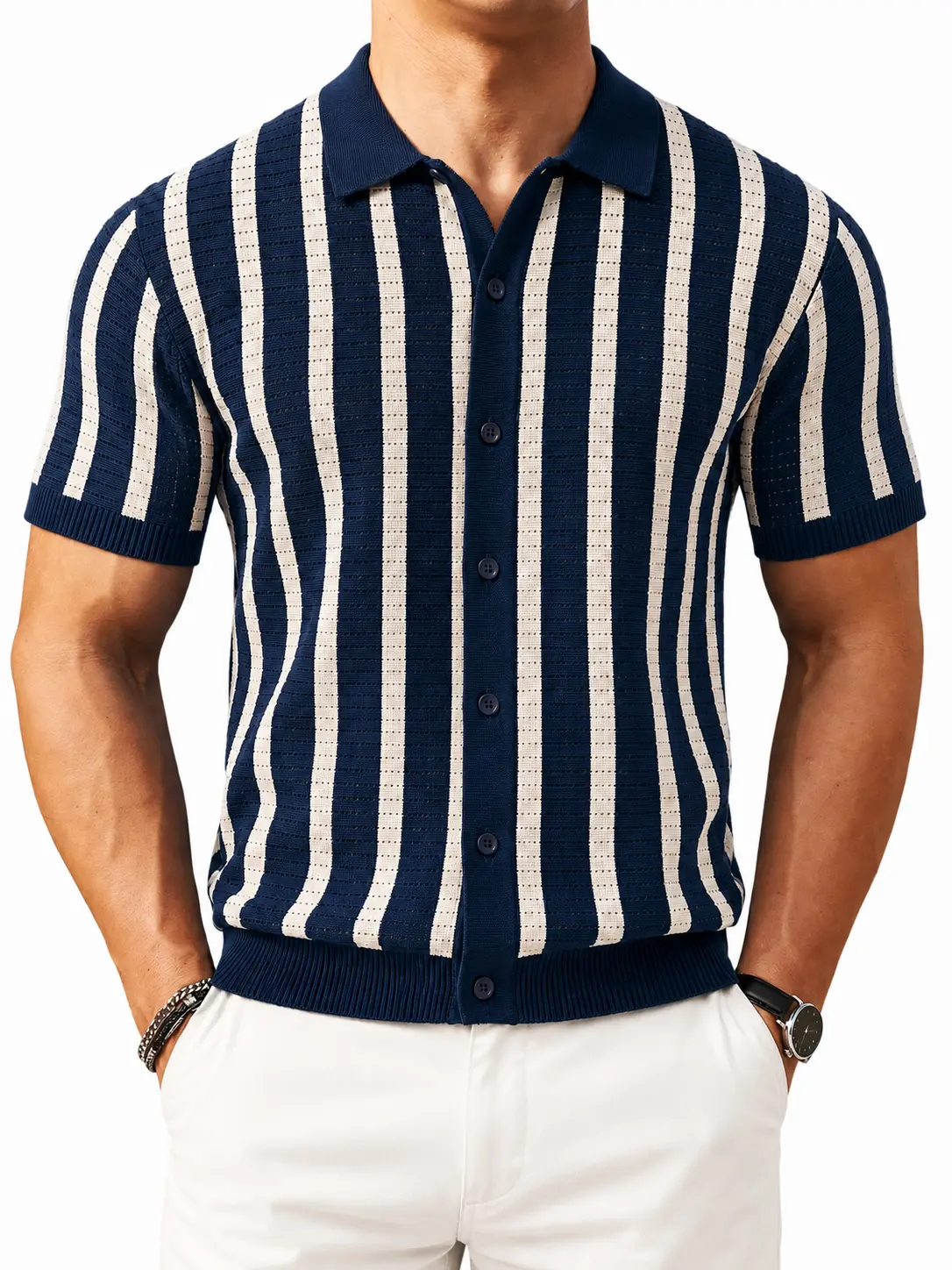 Men's Retro Striped Jacquard Knit Menswear Polo Shirt - Short-Sleeve Button-Front Casual Lightweight Regular-Fit Collared Top for Vacation, Golf Wear