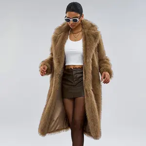 Autumn Winter Women's Long Faux Fur Coat with Blazer Collar,  Faux Fur Coat