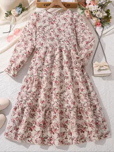 Girls Floral Print Round Neck Long Sleeve Dress, Comfortable Sweet Elegant Style, All over Print, Fall & Winter Fashion, Ditsy Floral Dress