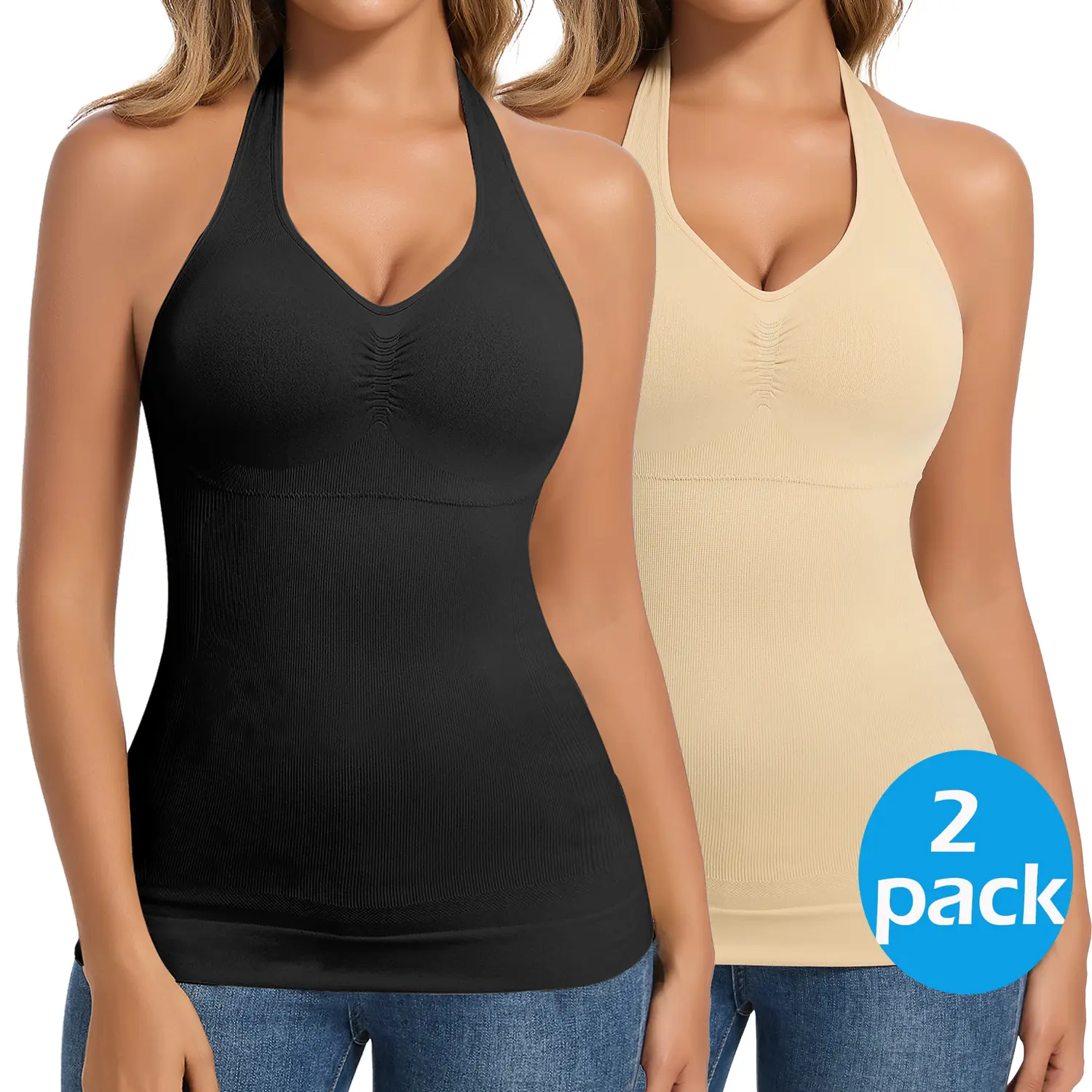 Women's Halter Neck Shaping Tank Top, Nylon Spandex Cami with Built-in Padded Bra for Tummy Control and Abdominal Compression, Invisible Shapewear