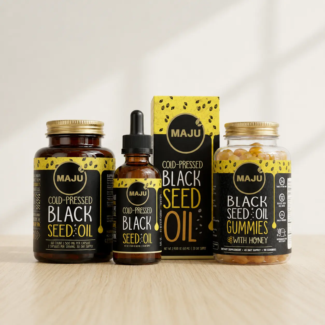 MAJU's Black Seed Sampler Bundle - Capsules, Gummies & Travel Dropper