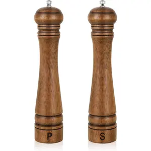 XWXO Pack of 2 Wood Pepper Grinder Set, 10 Inch Salt Mill And Pepper Grinder Set, Pepper Mill, Salt Shakers with Adjustable Ceramic Rotor - Oak Wood Pepper Grinder And Salt Mill for Your Kitchen