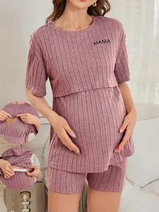 Maternity Nursing Slogan Print Homewear Set Dusty Pink Rib-Knit Short Sleeve Round Neck 2 Piece Set for Women Spring Casual