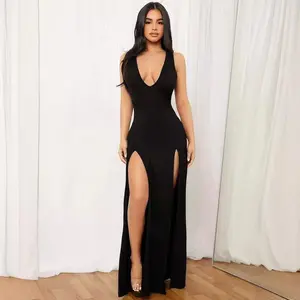 Women's Sexy Deep V Suspender Sleeveless Slit Multicolor Dress Fit Formal Fabric Womenswear