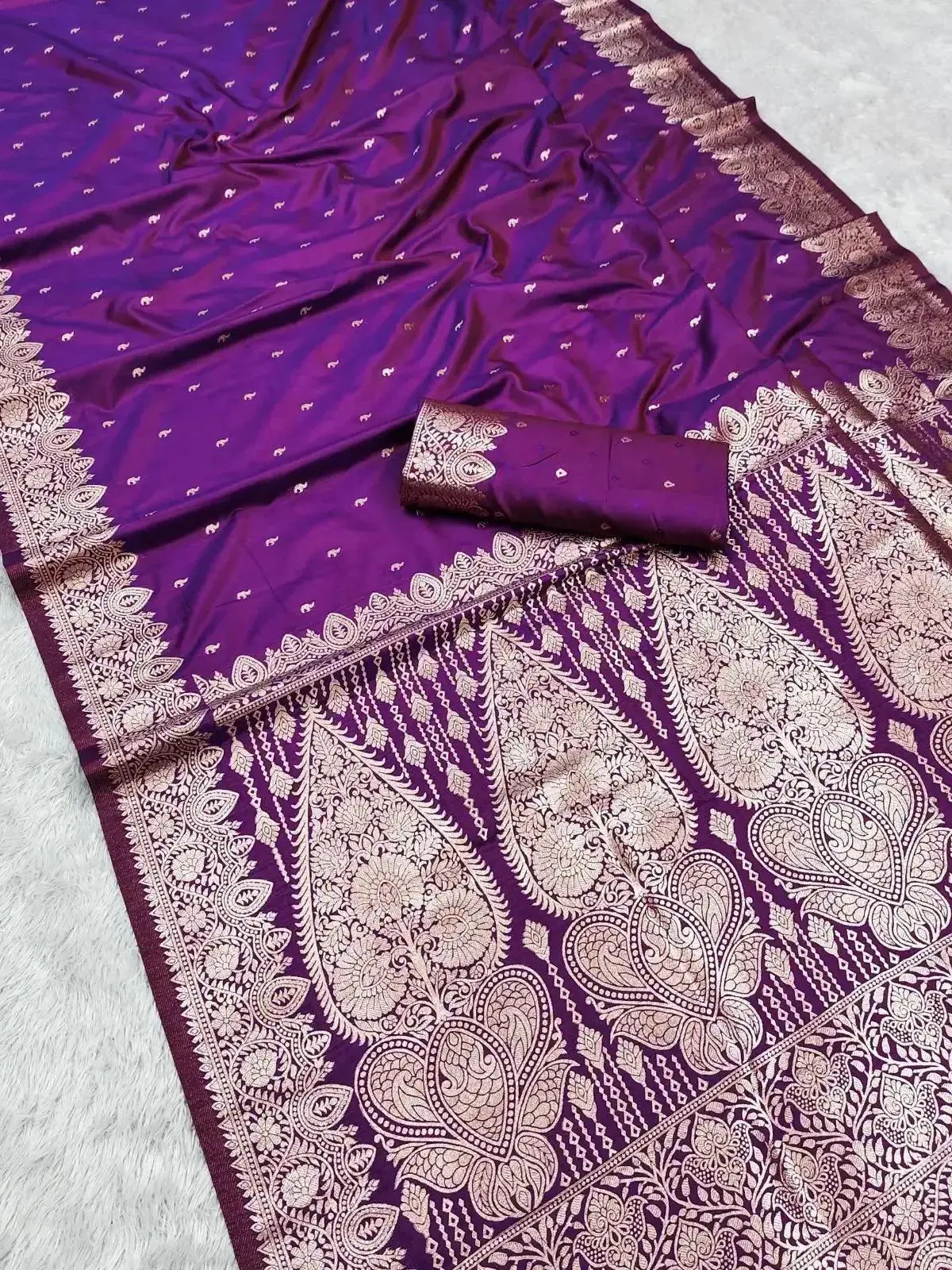 Purple Banarasi Silk Saree with Silver Zari Booties & Grand Pallu