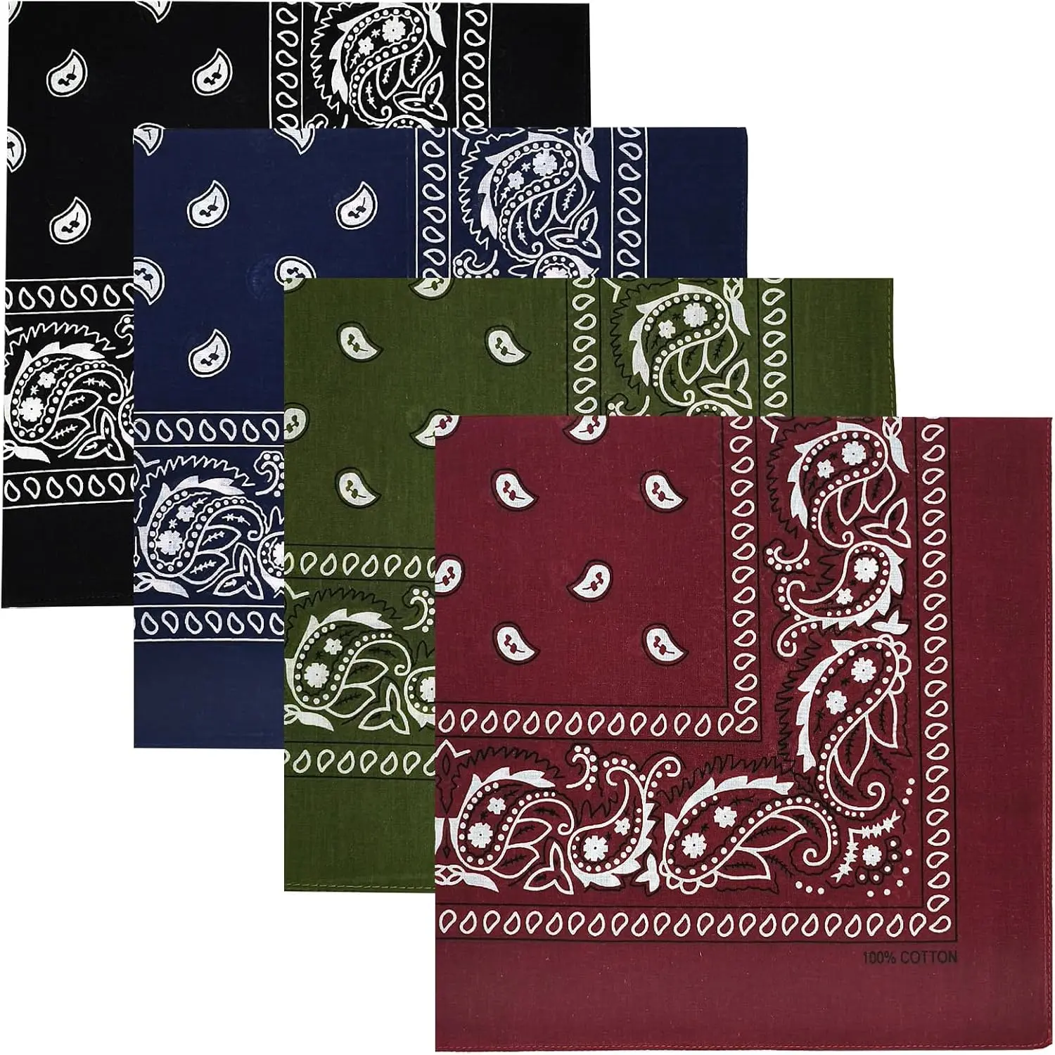 Unisex 4 Pack 100% Cotton Paisley Bandanas (22x22 in) - Multi-Purpose Square Scarfs for Sports & Outdoor Use, Headbands, Face Covers