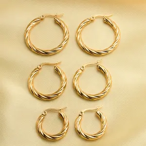 3pair/set Vintage Stainless Steel Circle Round Gold Plated Hoop Earrings for Women Twist Thick Huggie Ear Hoops Wed Jewelry Gift